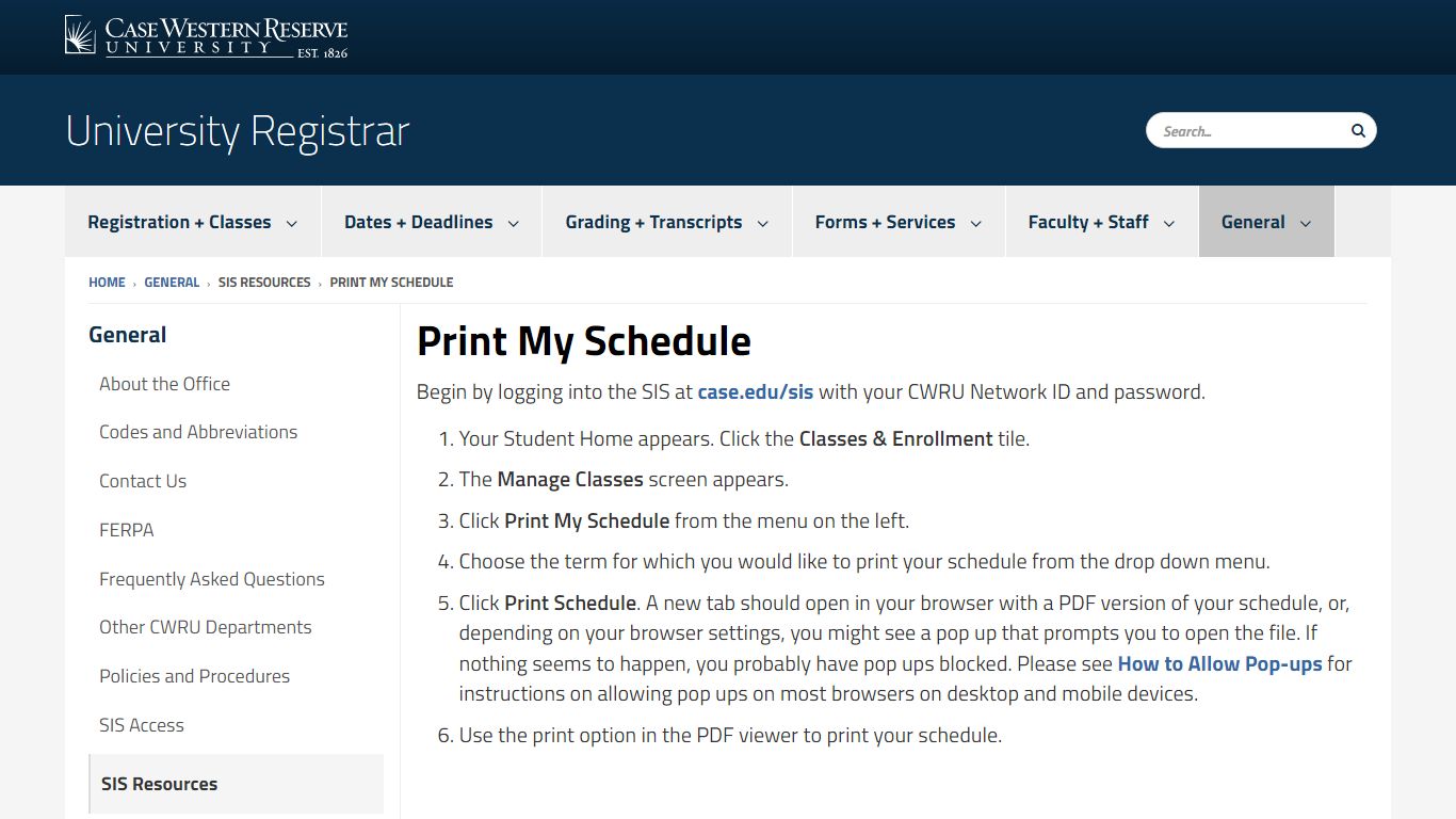 Print My Schedule | University Registrar | Case Western Reserve University