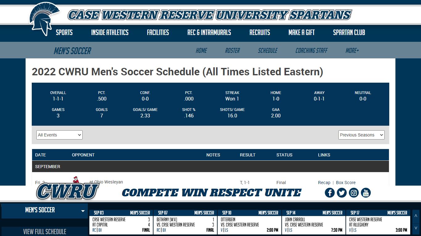 2022 CWRU Men's Soccer Schedule (All Times Listed Eastern) - Case ...